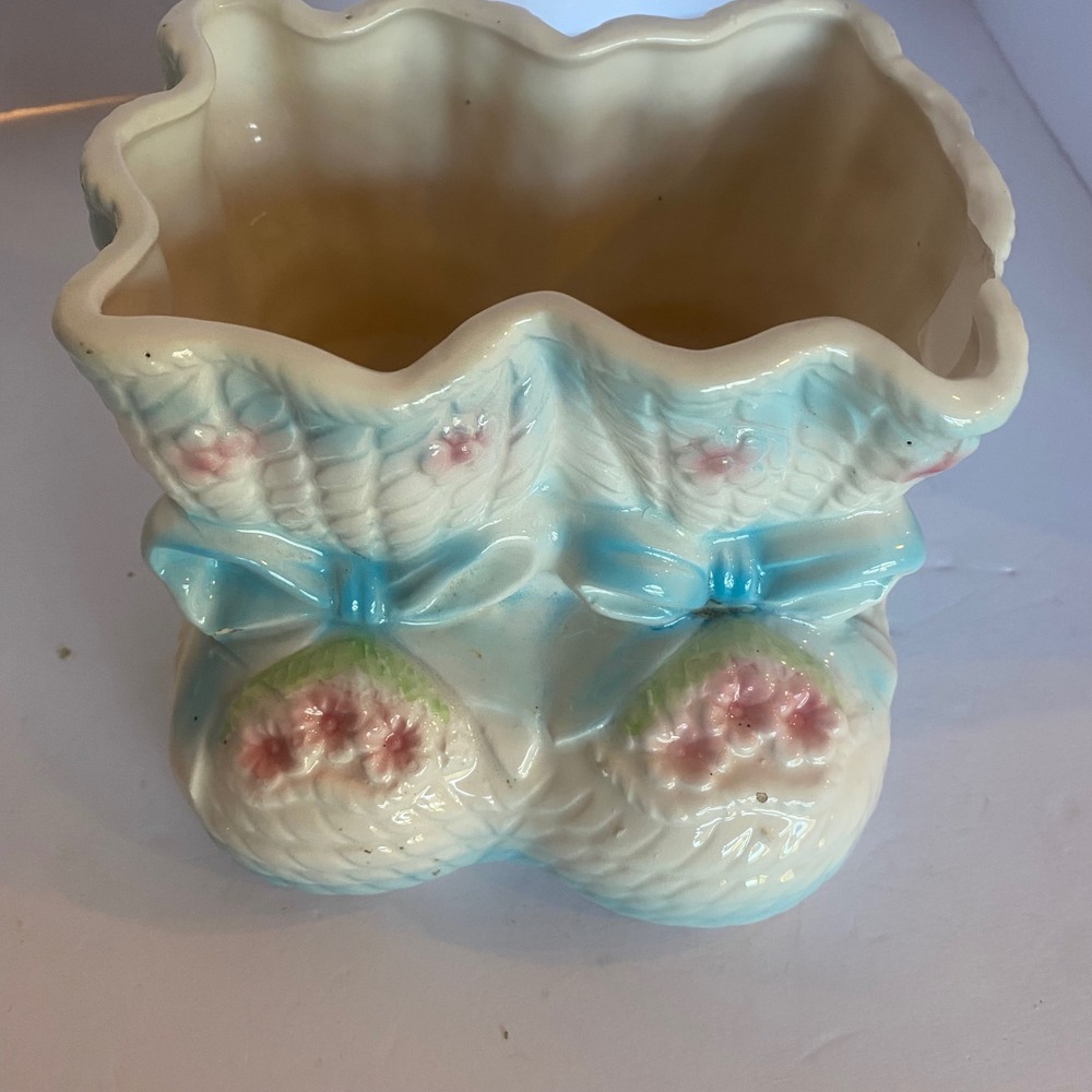 Relpo Ceramic Baby Bootie Planter Unisex Blue Pink Fair Vintage 1354 Basketweave